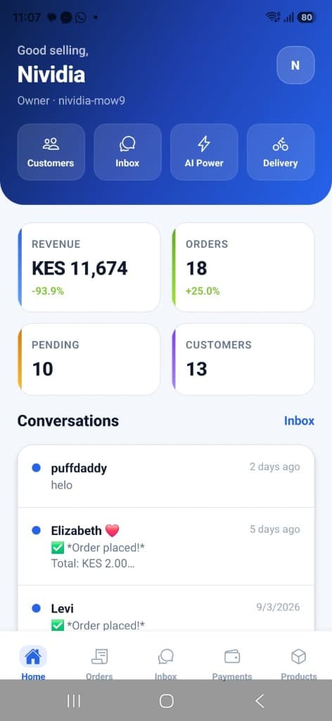WarpCart Vendor App dashboard showing revenue, orders, customers, and recent conversations